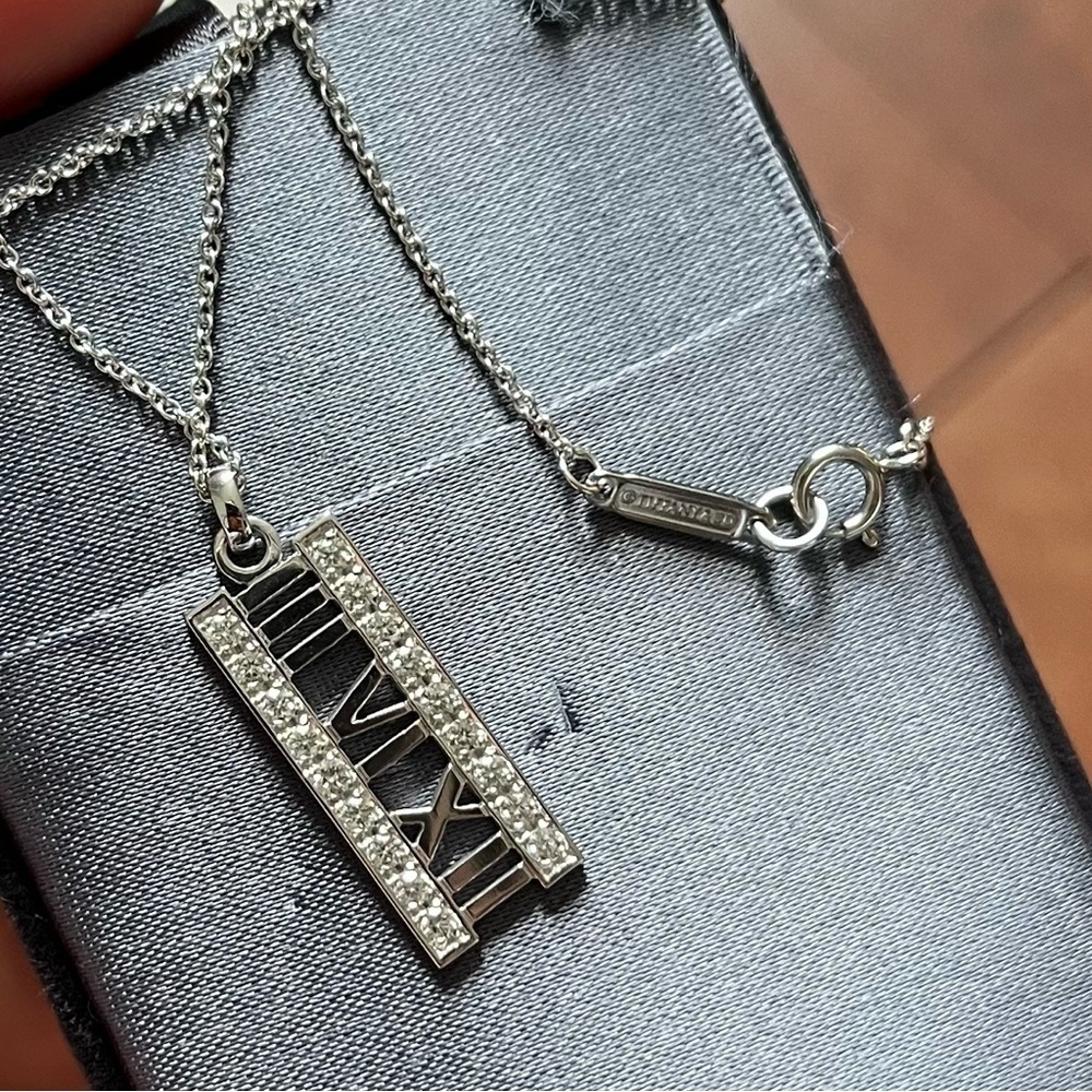 Tiffany & Co. Necklace Diamond 18K White Gold Atlas Pendant W/Tiffany Box & Bag - Picture 4 of 6